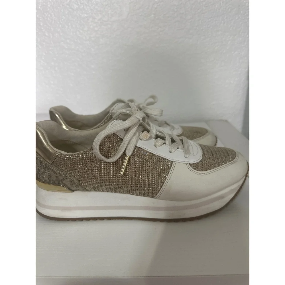 Michael Kors Sneakers Platform Gold Glitter Logo Lace Up Casual Shoes - Picture 5 of 9